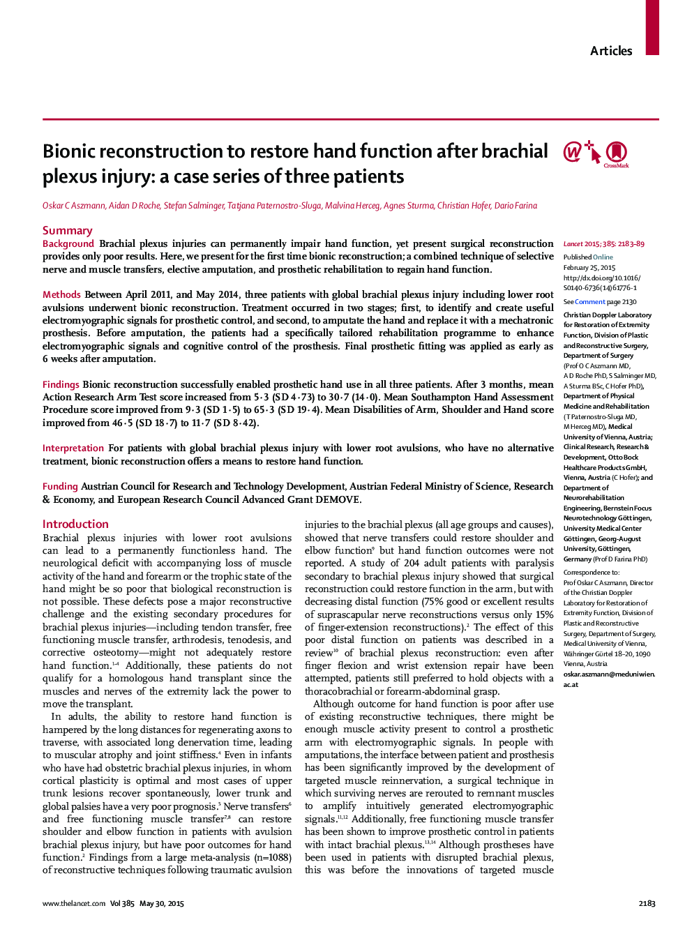 Bionic reconstruction to restore hand function after brachial plexus injury: a case series of three patients