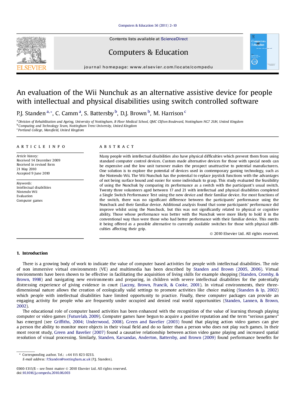 An evaluation of the Wii Nunchuk as an alternative assistive device for people with intellectual and physical disabilities using switch controlled software