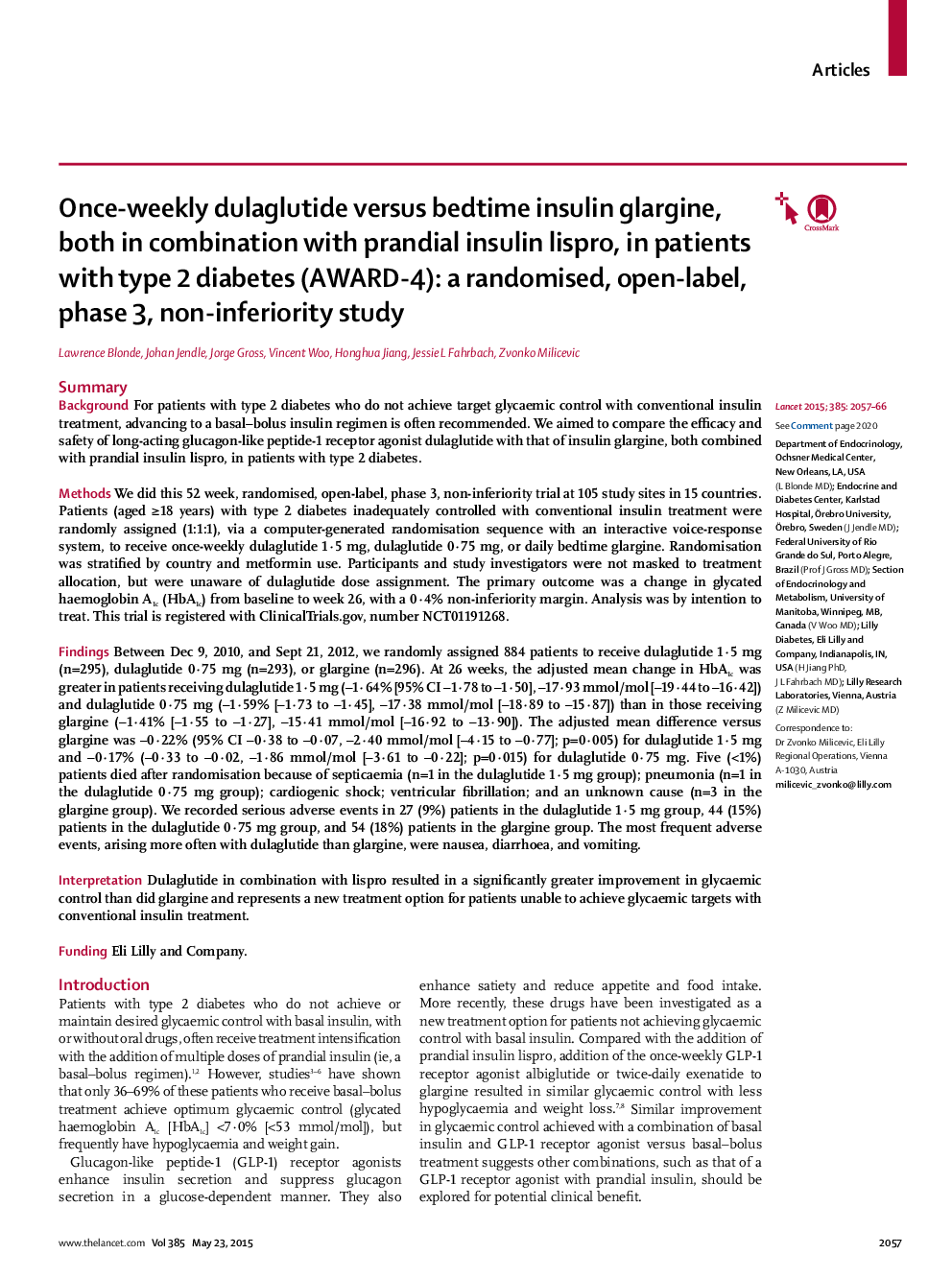 Once-weekly dulaglutide versus bedtime insulin glargine, both in combination with prandial insulin lispro, in patients with type 2 diabetes (AWARD-4): a randomised, open-label, phase 3, non-inferiority study