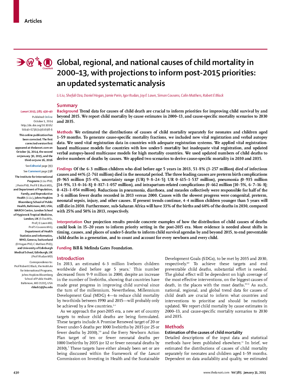 Global, regional, and national causes of child mortality in 2000–13, with projections to inform post-2015 priorities: an updated systematic analysis