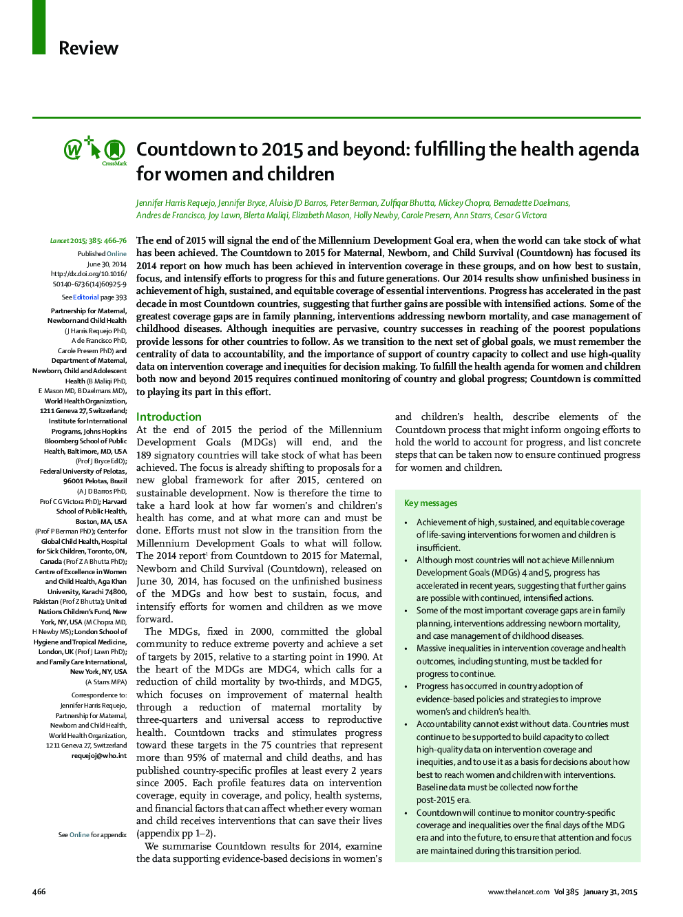 Countdown to 2015 and beyond: fulfilling the health agenda for women and children