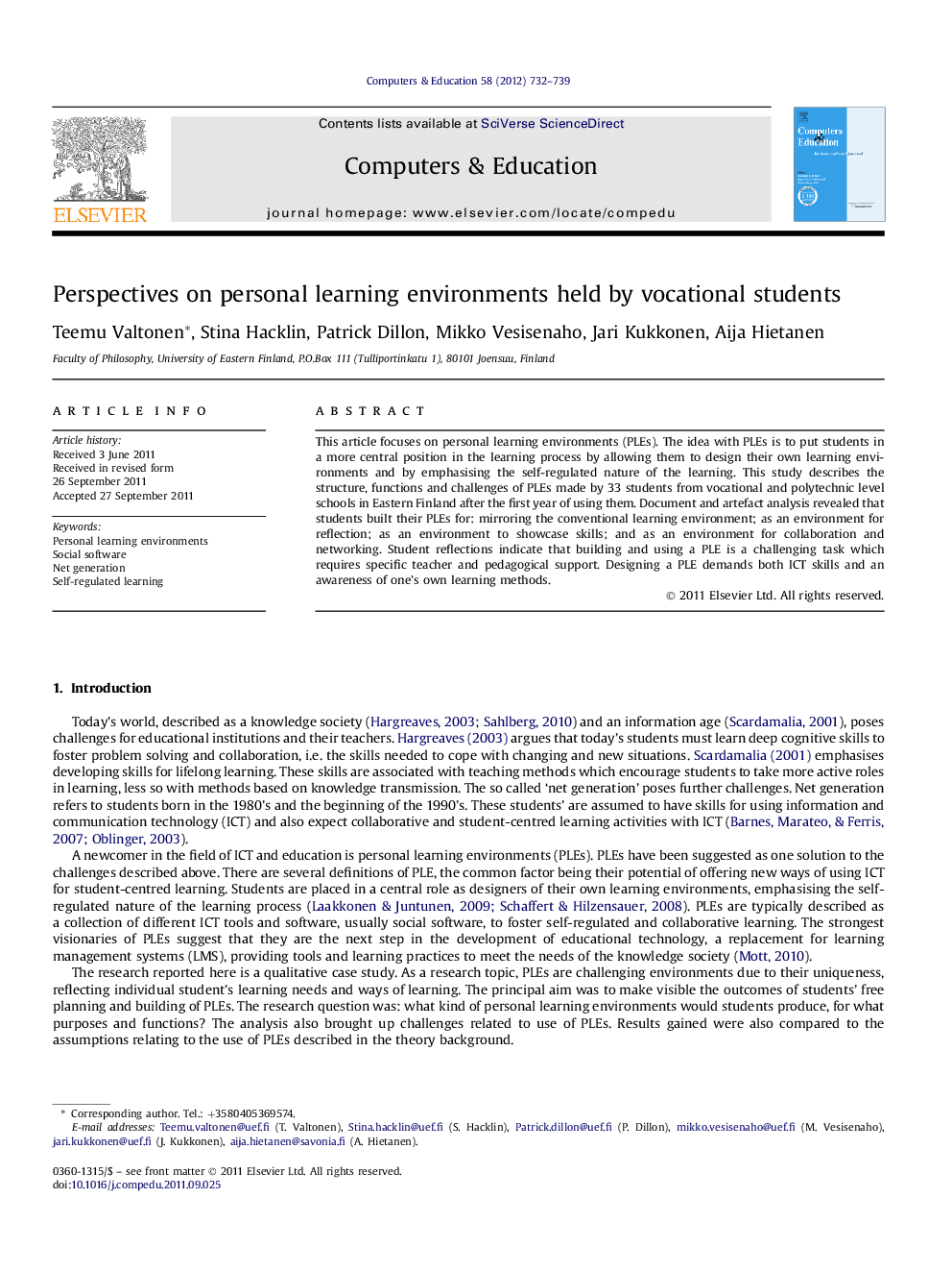 Perspectives on personal learning environments held by vocational students