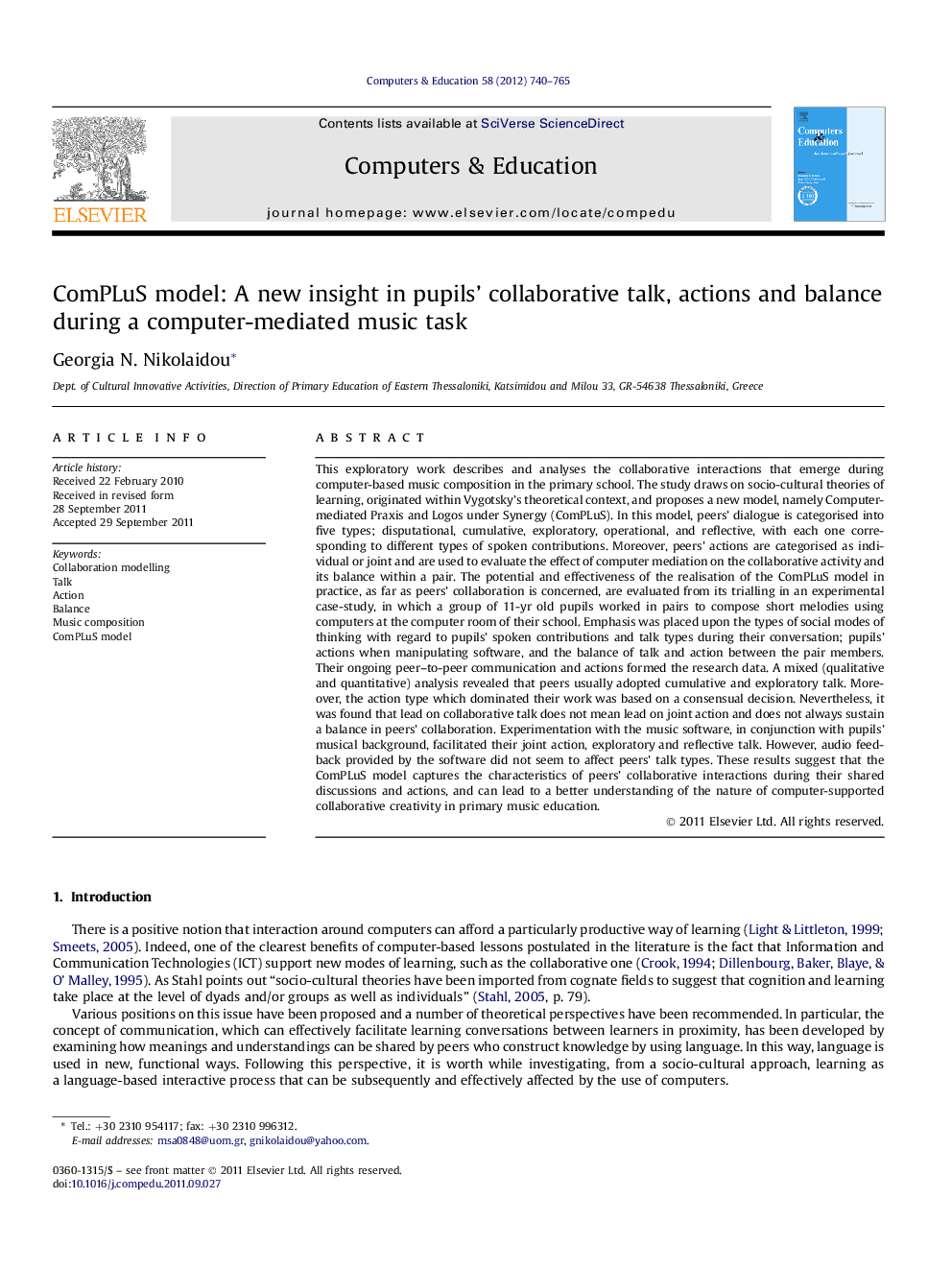 ComPLuS model: A new insight in pupils’ collaborative talk, actions and balance during a computer-mediated music task