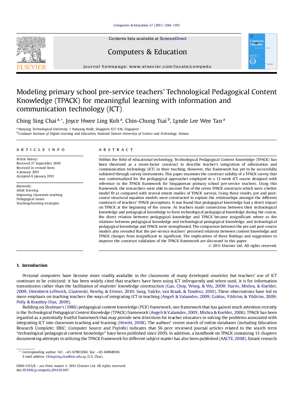 Modeling primary school pre-service teachers’ Technological Pedagogical Content Knowledge (TPACK) for meaningful learning with information and communication technology (ICT)