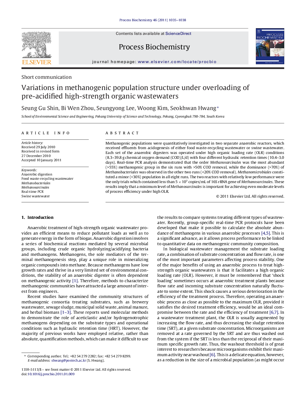 Variations in methanogenic population structure under overloading of pre-acidified high-strength organic wastewaters