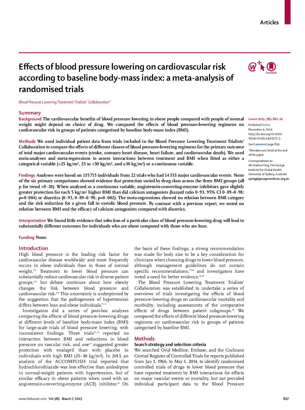 اثرات کاهش فشار خون بر خطر قلبی عروقی بر اساس شاخص توده بدن اولیه: یک متاآنالیز آزمایشهای تصادفی 