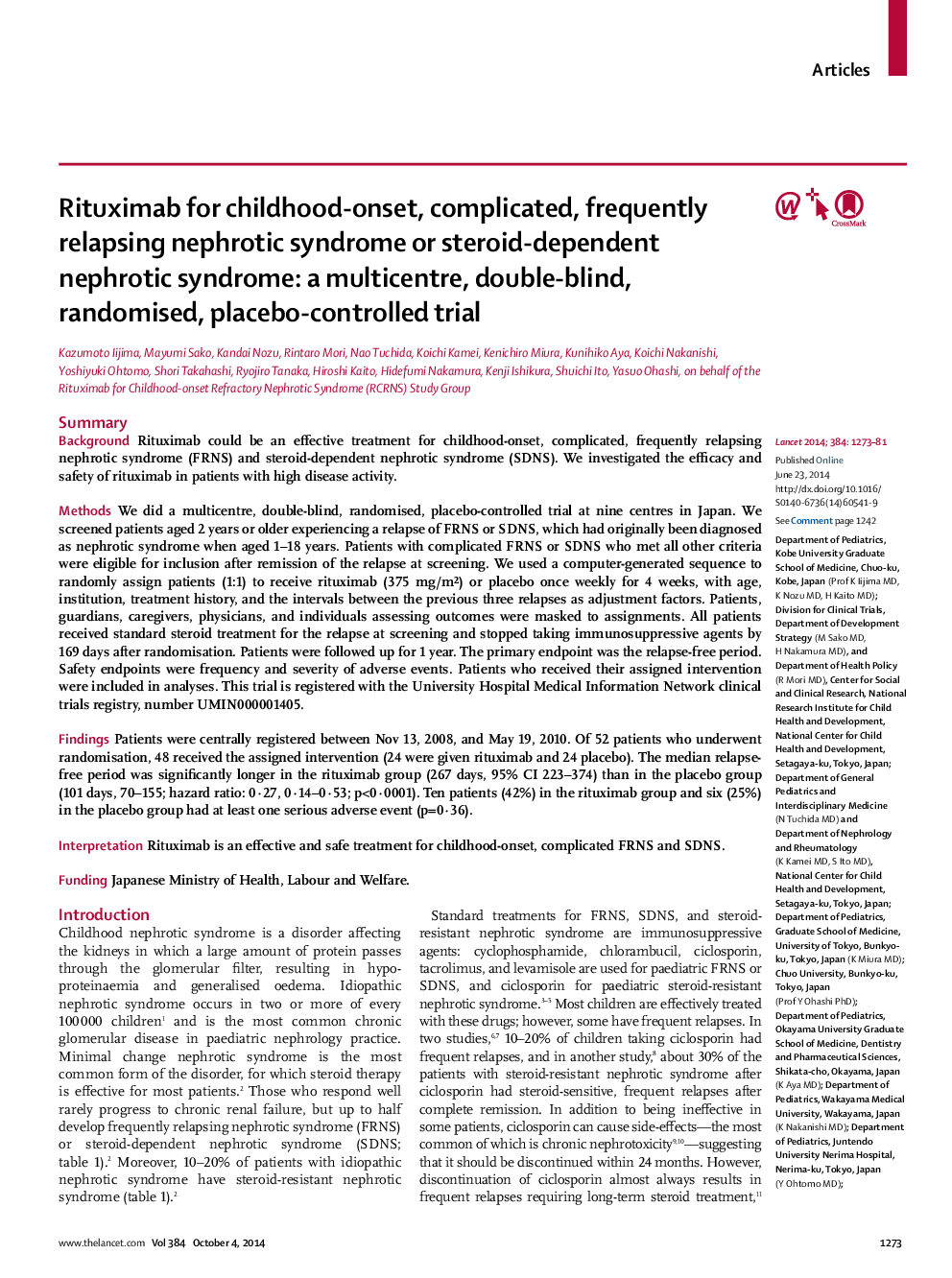Rituximab for childhood-onset, complicated, frequently relapsing nephrotic syndrome or steroid-dependent nephrotic syndrome: a multicentre, double-blind, randomised, placebo-controlled trial