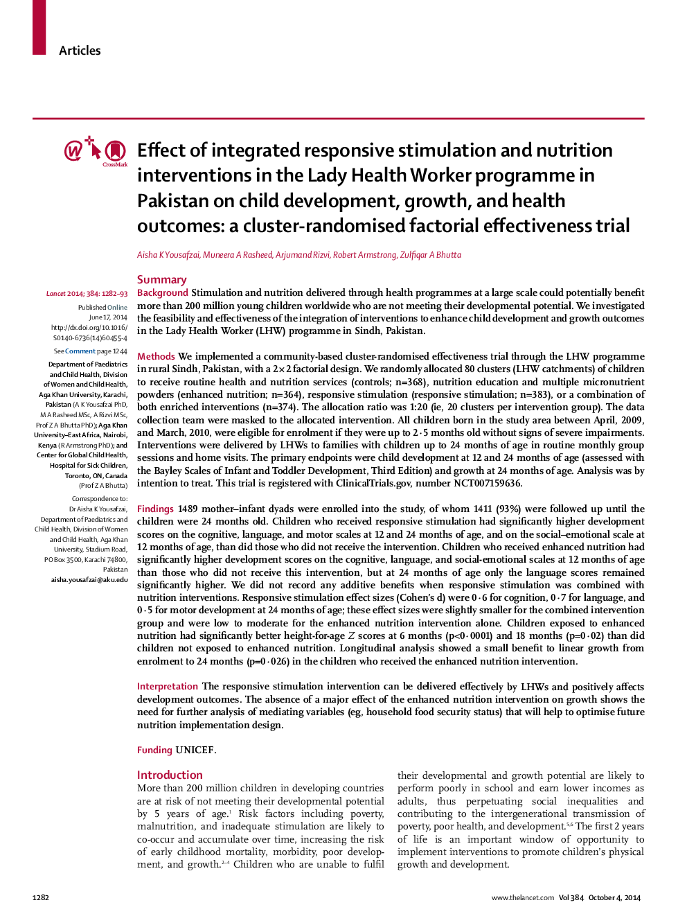 Effect of integrated responsive stimulation and nutrition interventions in the Lady Health Worker programme in Pakistan on child development, growth, and health outcomes: a cluster-randomised factorial effectiveness trial