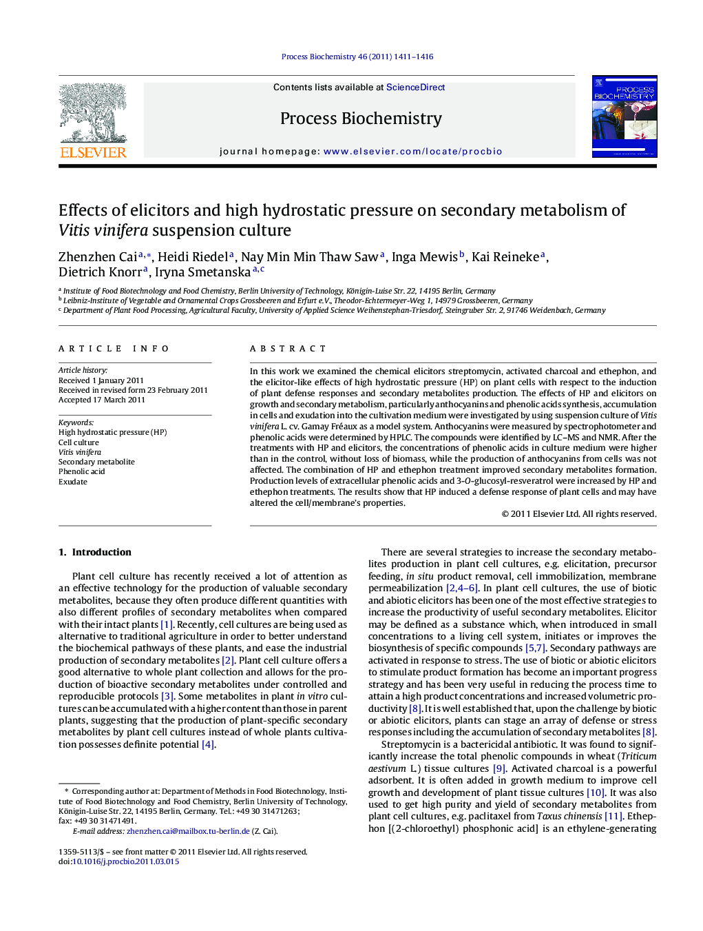 Effects of elicitors and high hydrostatic pressure on secondary metabolism of Vitis vinifera suspension culture