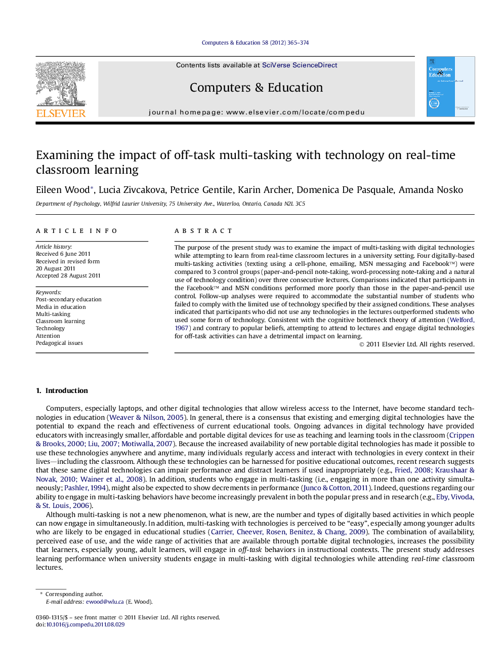 Examining the impact of off-task multi-tasking with technology on real-time classroom learning