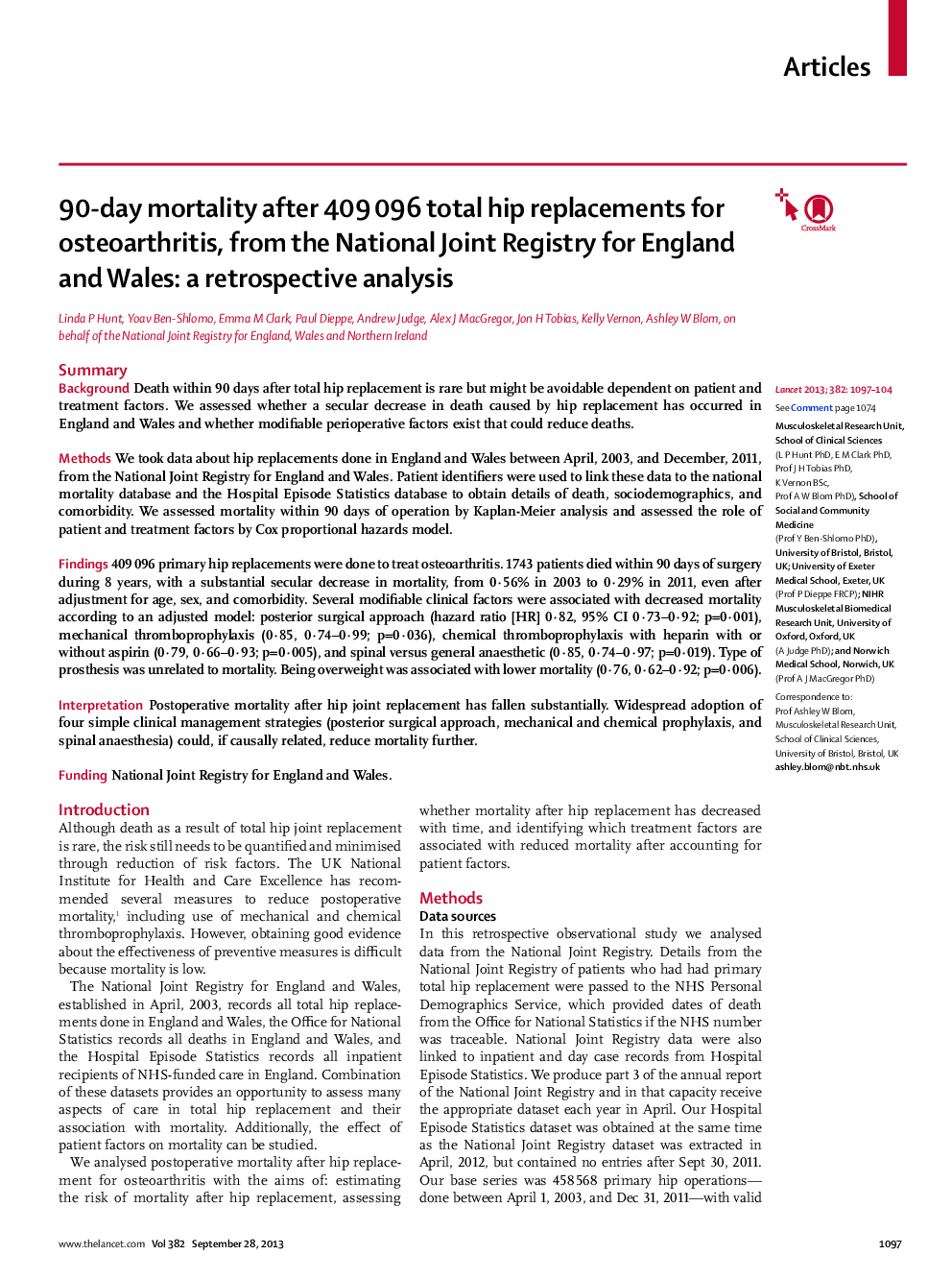 90-day mortality after 409 096 total hip replacements for osteoarthritis, from the National Joint Registry for England and Wales: a retrospective analysis