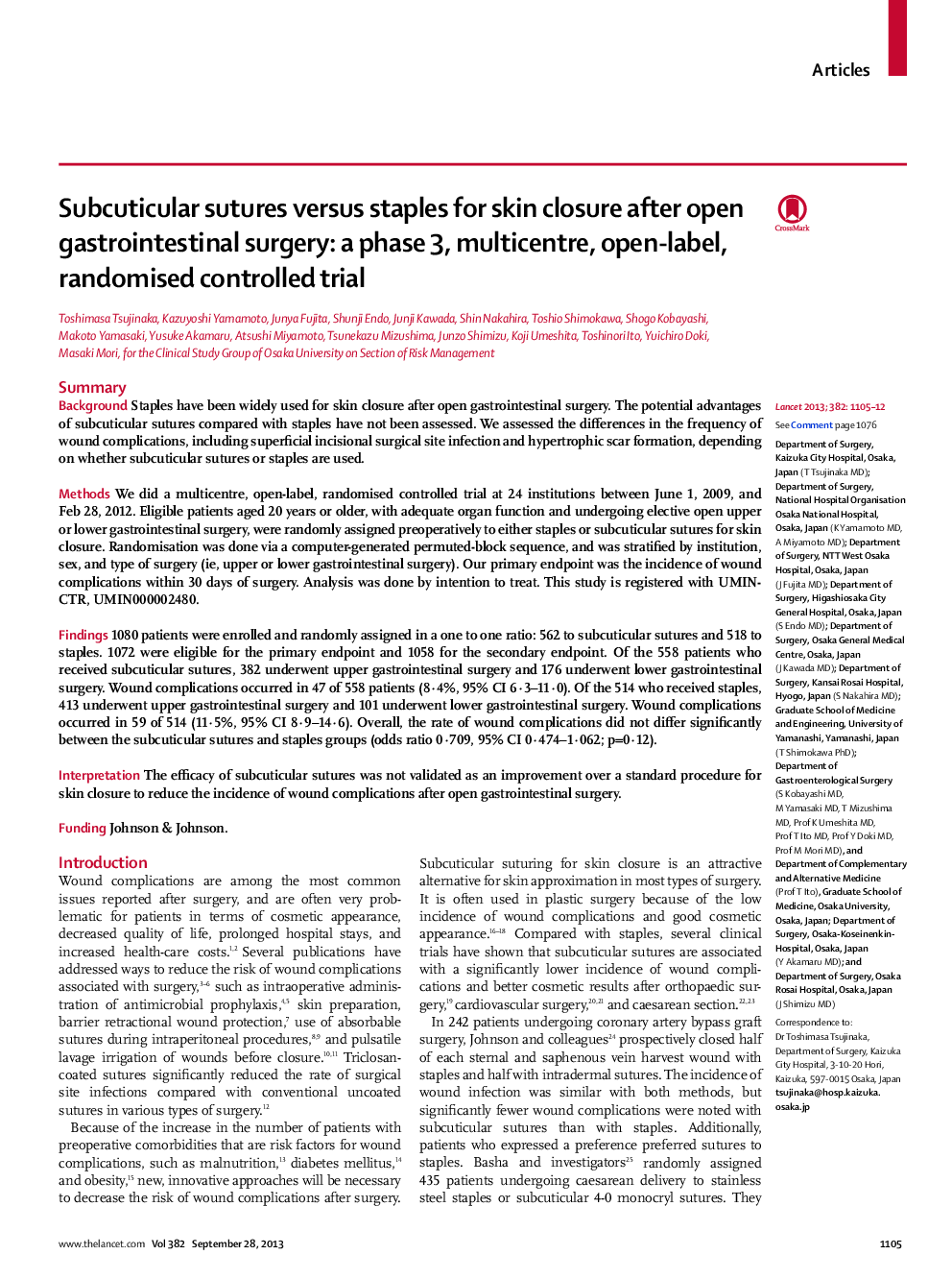 Subcuticular sutures versus staples for skin closure after open gastrointestinal surgery: a phase 3, multicentre, open-label, randomised controlled trial