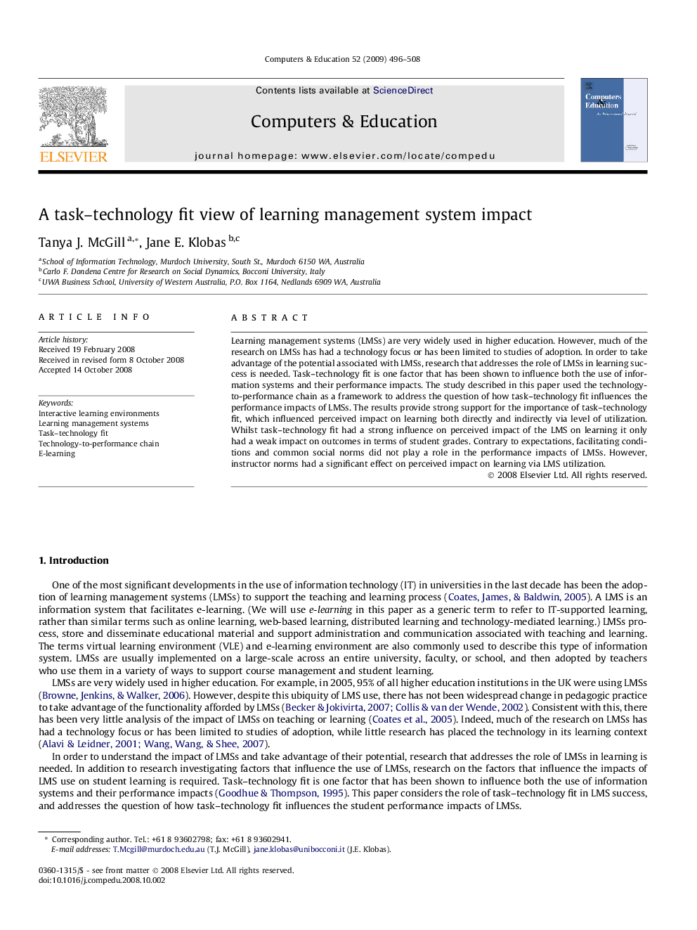 A task–technology fit view of learning management system impact