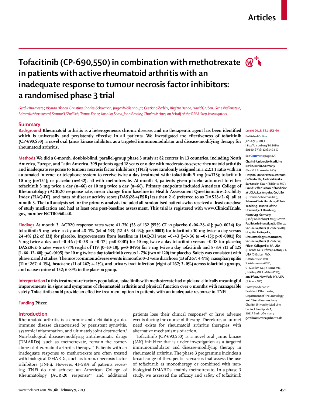 Tofacitinib (CP-690,550) in combination with methotrexate in patients with active rheumatoid arthritis with an inadequate response to tumour necrosis factor inhibitors: a randomised phase 3 trial