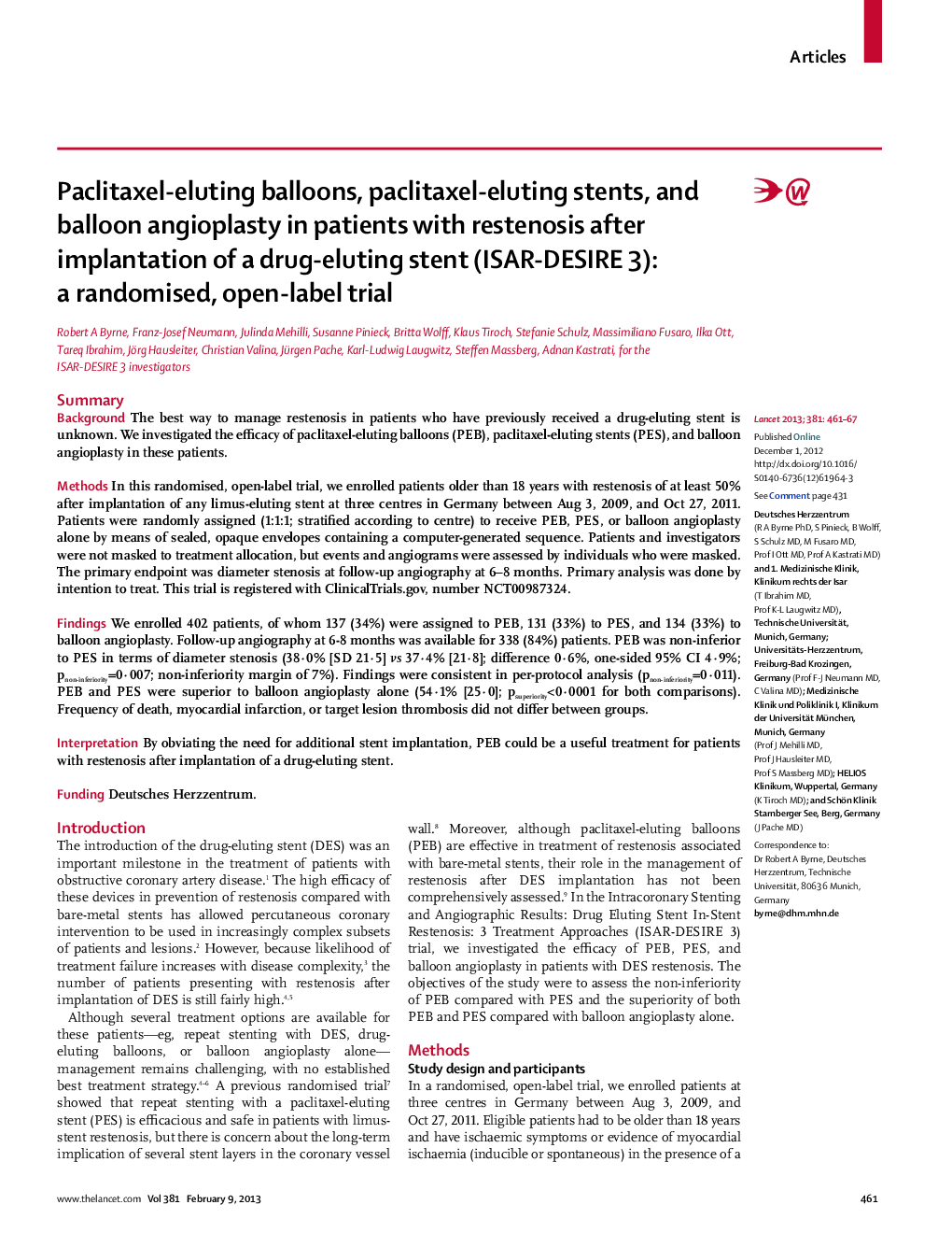 Paclitaxel-eluting balloons, paclitaxel-eluting stents, and balloon angioplasty in patients with restenosis after implantation of a drug-eluting stent (ISAR-DESIRE 3): a randomised, open-label trial