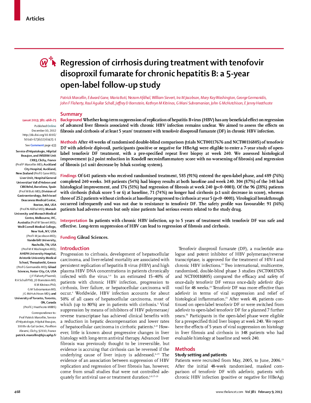 Regression of cirrhosis during treatment with tenofovir disoproxil fumarate for chronic hepatitis B: a 5-year open-label follow-up study