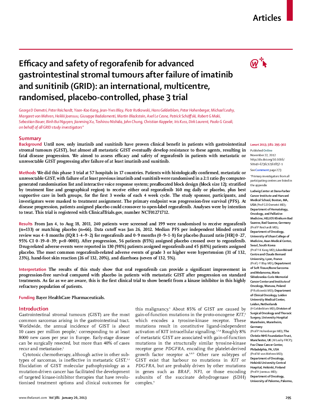 Efficacy and safety of regorafenib for advanced gastrointestinal stromal tumours after failure of imatinib and sunitinib (GRID): an international, multicentre, randomised, placebo-controlled, phase 3 trial