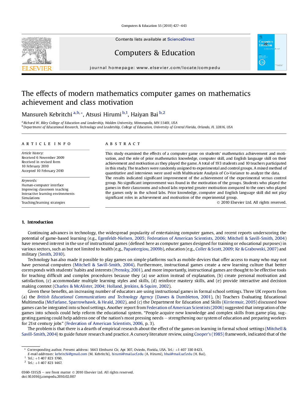 The effects of modern mathematics computer games on mathematics achievement and class motivation