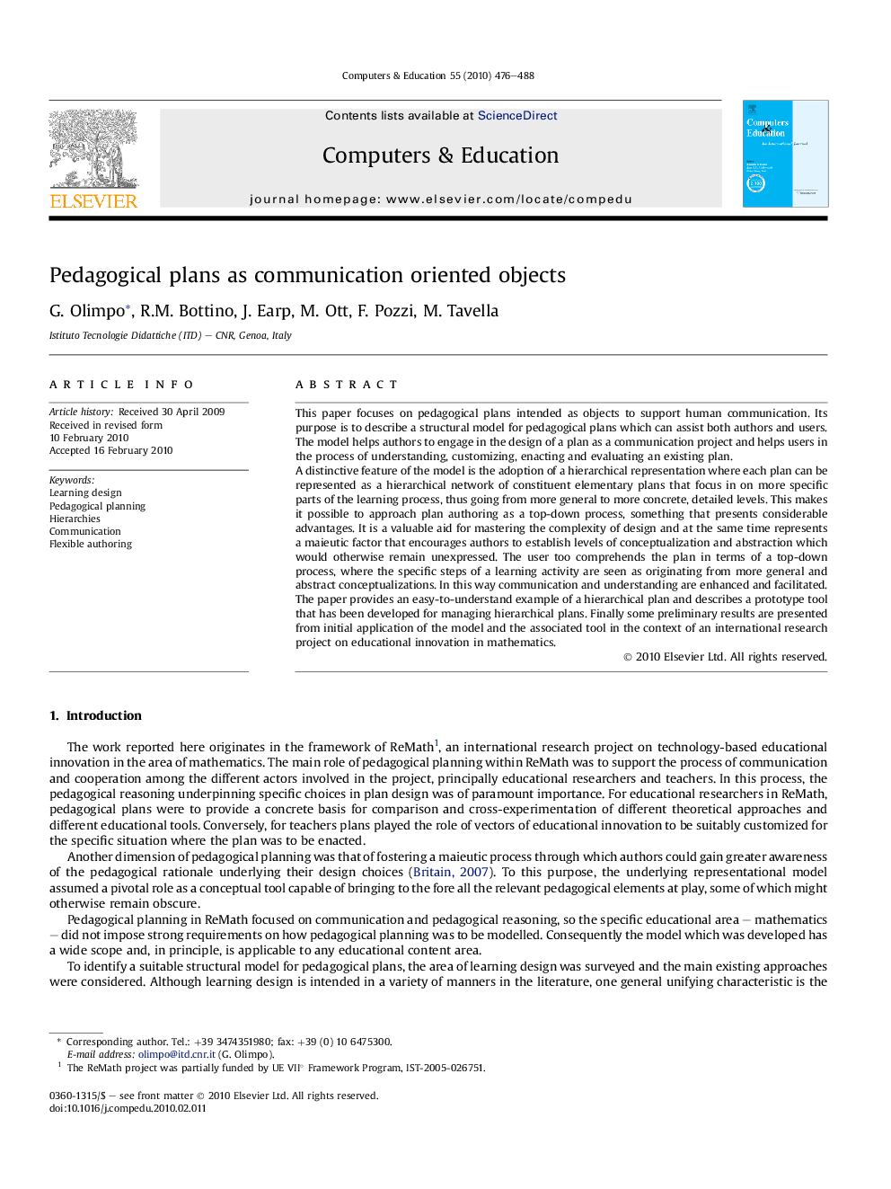 Pedagogical plans as communication oriented objects