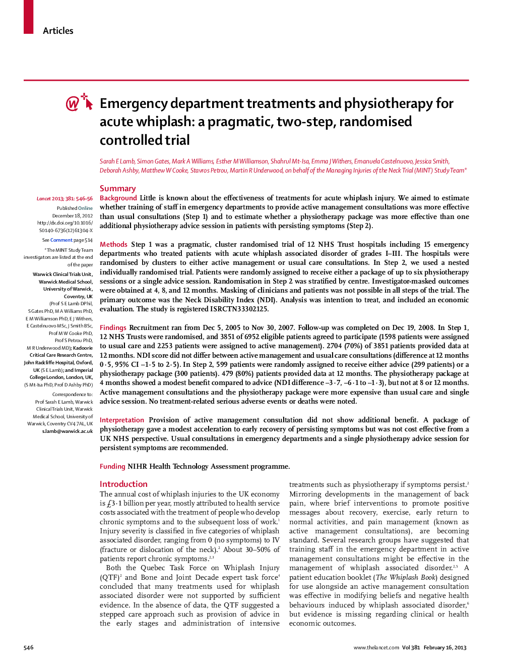 Emergency department treatments and physiotherapy for acute whiplash: a pragmatic, two-step, randomised controlled trial