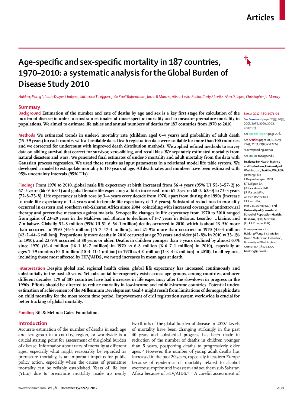 Age-specific and sex-specific mortality in 187 countries, 1970–2010: a systematic analysis for the Global Burden of Disease Study 2010