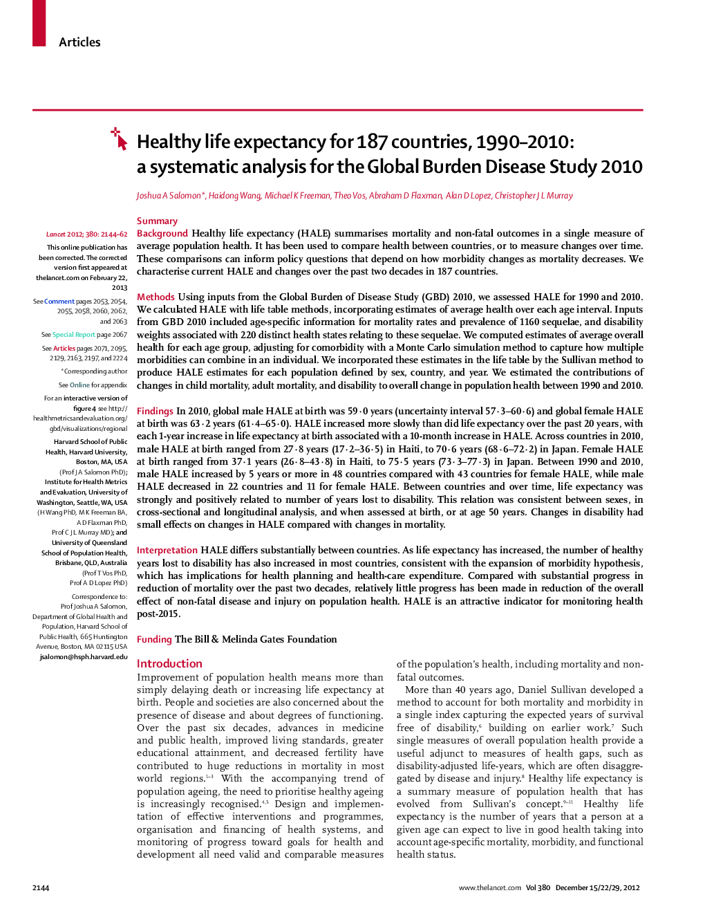 Healthy life expectancy for 187 countries, 1990–2010: a systematic analysis for the Global Burden Disease Study 2010