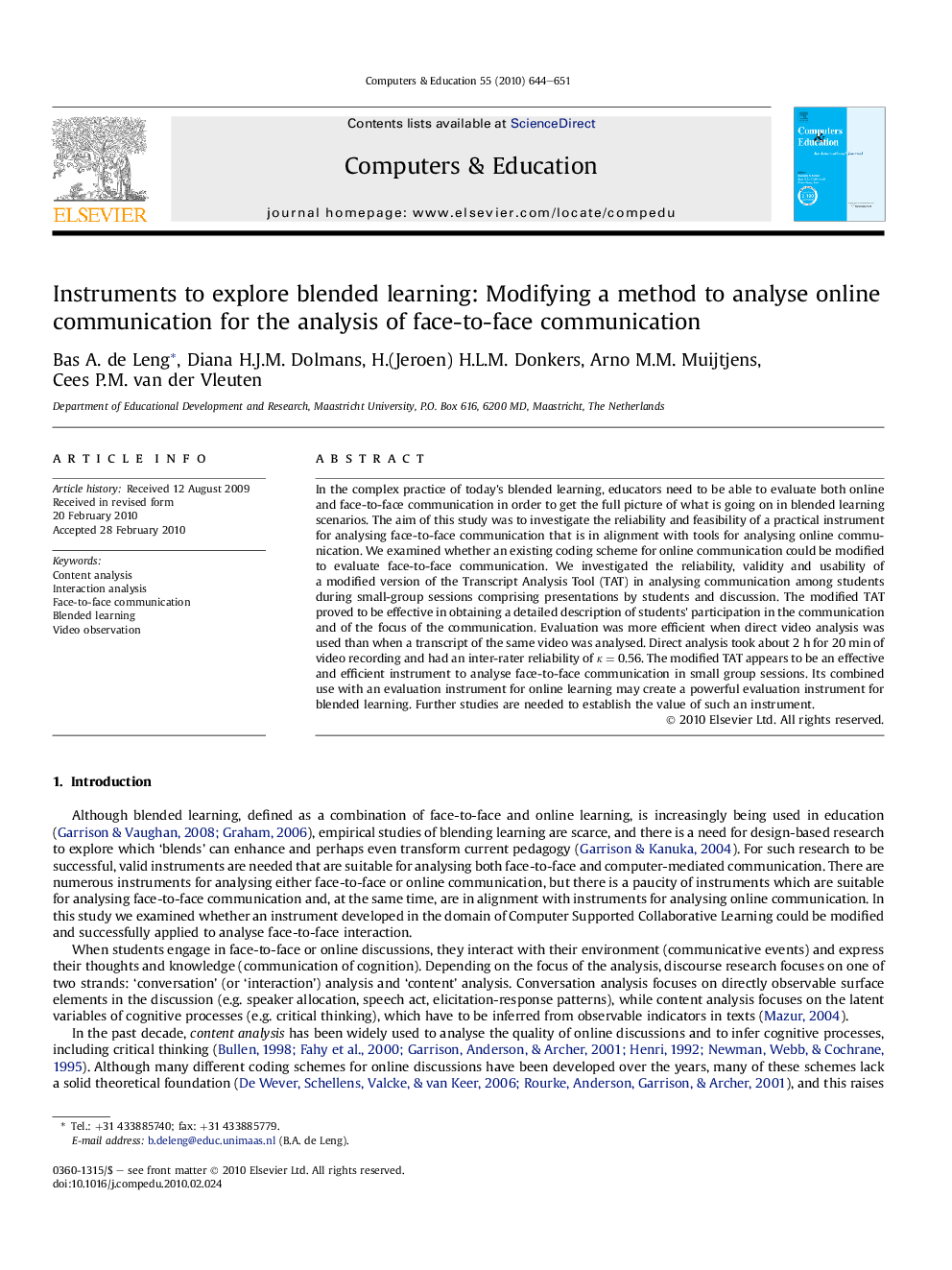 Instruments to explore blended learning: Modifying a method to analyse online communication for the analysis of face-to-face communication