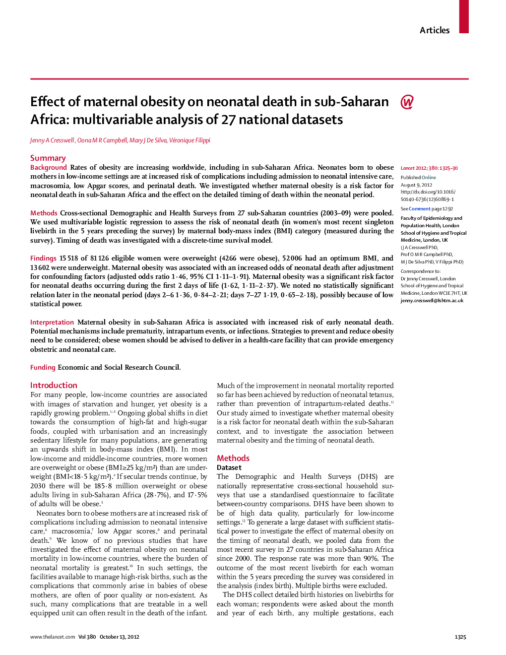 Effect of maternal obesity on neonatal death in sub-Saharan Africa: multivariable analysis of 27 national datasets