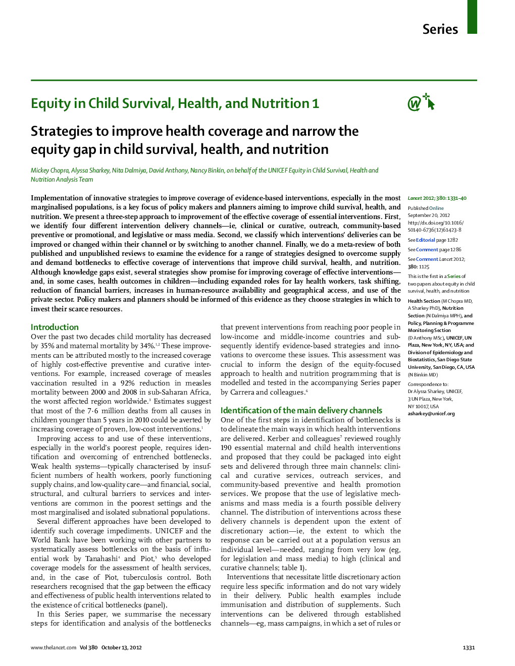 Strategies to improve health coverage and narrow the equity gap in child survival, health, and nutrition