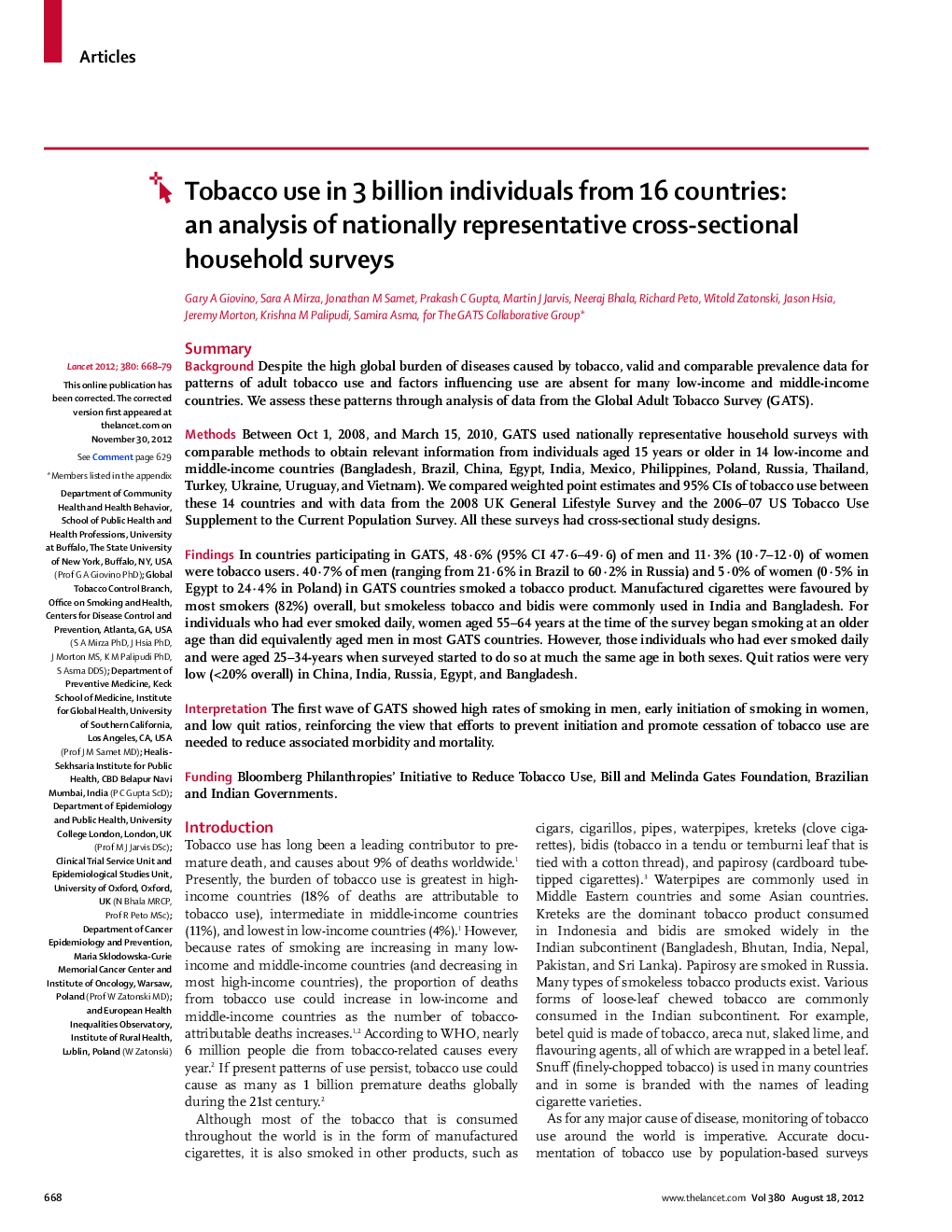 Tobacco use in 3 billion individuals from 16 countries: an analysis of nationally representative cross-sectional household surveys