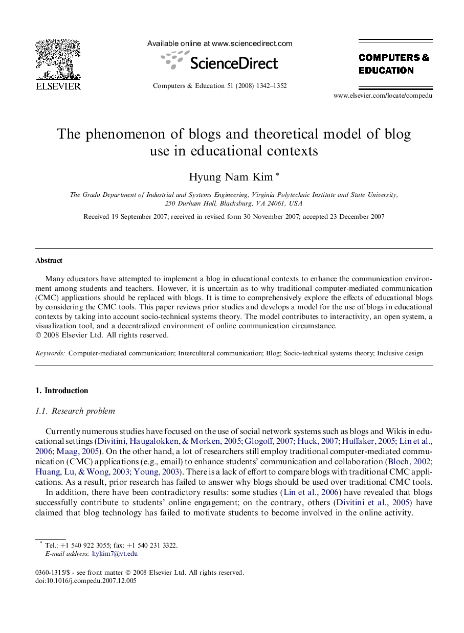 The phenomenon of blogs and theoretical model of blog use in educational contexts