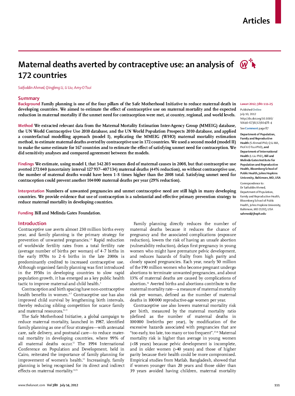 Maternal deaths averted by contraceptive use: an analysis of 172 countries