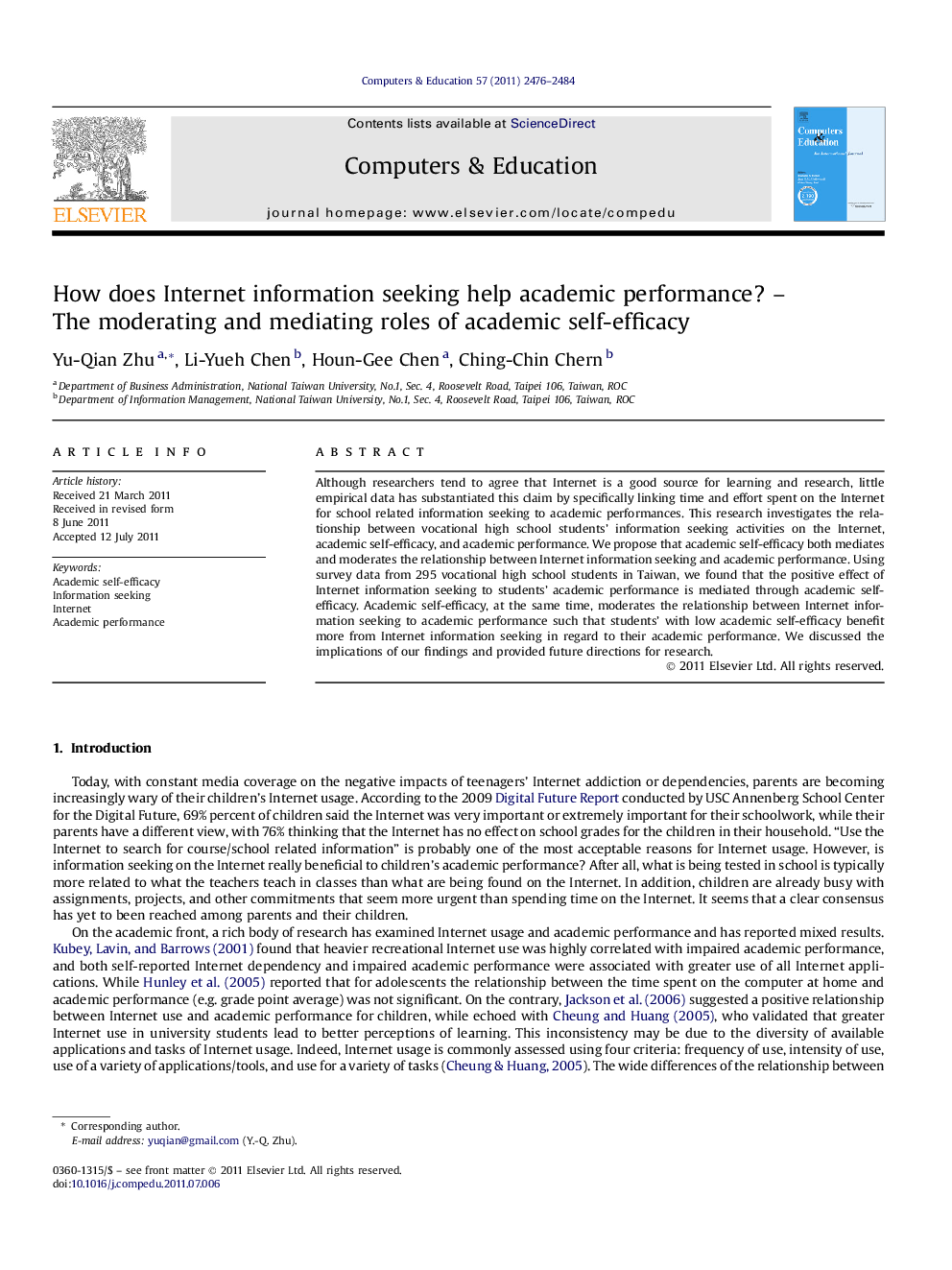 How does Internet information seeking help academic performance? – The moderating and mediating roles of academic self-efficacy