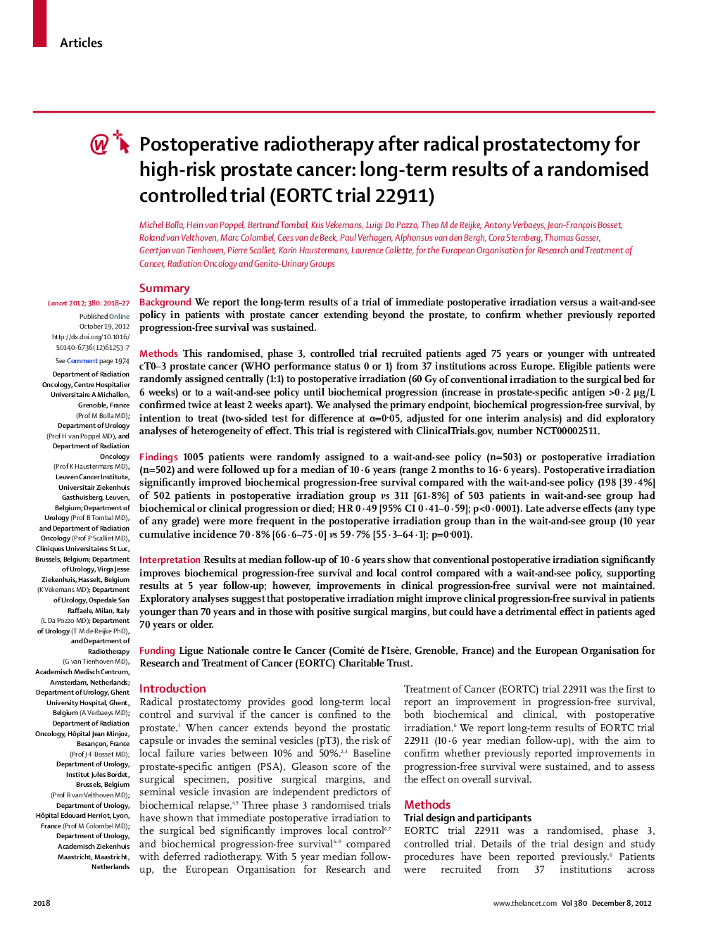 Postoperative radiotherapy after radical prostatectomy for high-risk prostate cancer: long-term results of a randomised controlled trial (EORTC trial 22911)
