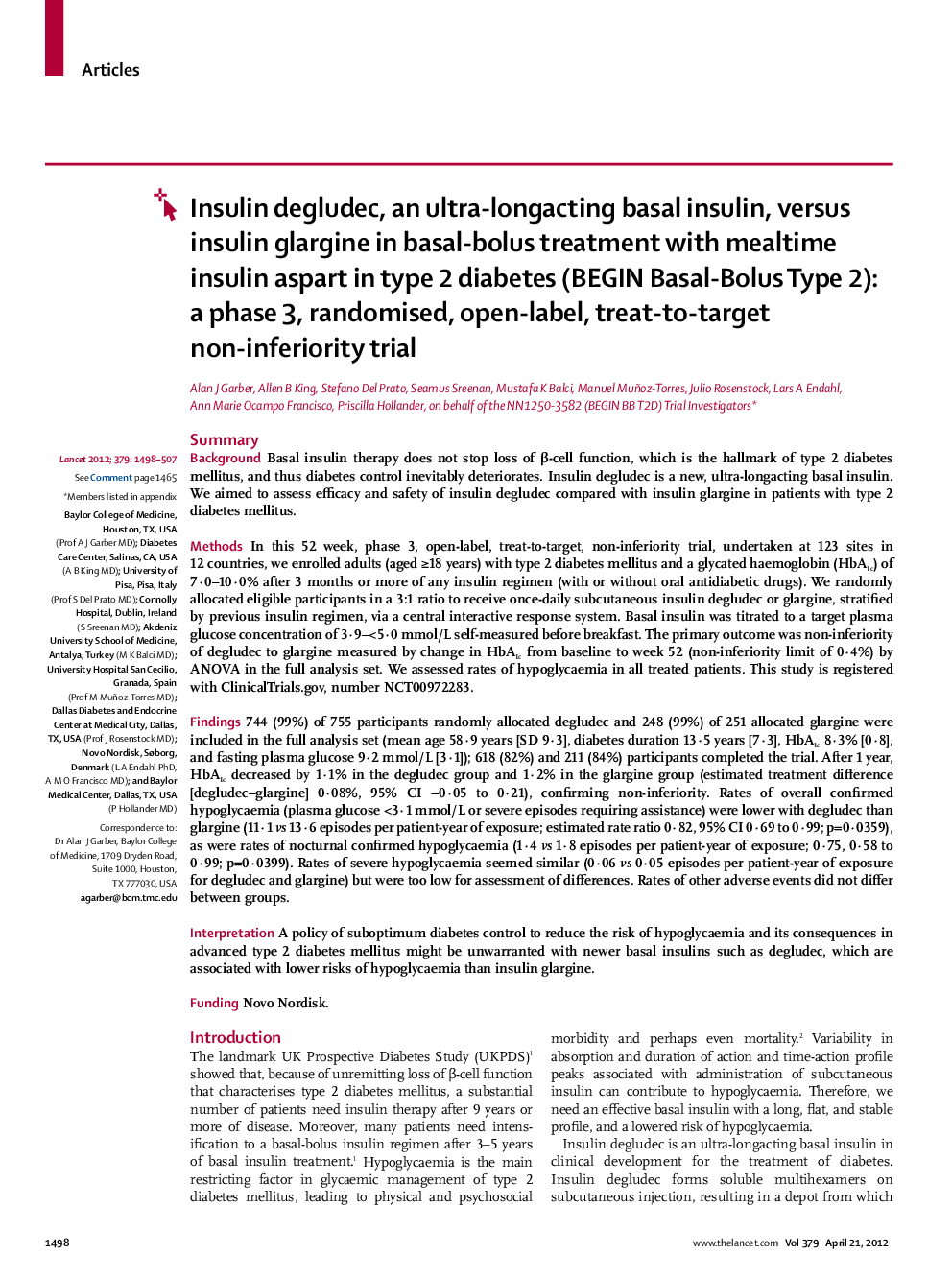 Insulin degludec, an ultra-longacting basal insulin, versus insulin glargine in basal-bolus treatment with mealtime insulin aspart in type 2 diabetes (BEGIN Basal-Bolus Type 2): a phase 3, randomised, open-label, treat-to-target non-inferiority trial