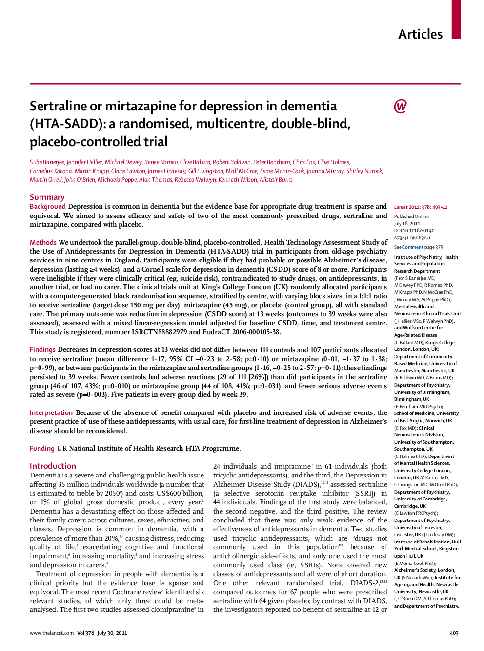 Sertraline or mirtazapine for depression in dementia (HTA-SADD): a randomised, multicentre, double-blind, placebo-controlled trial