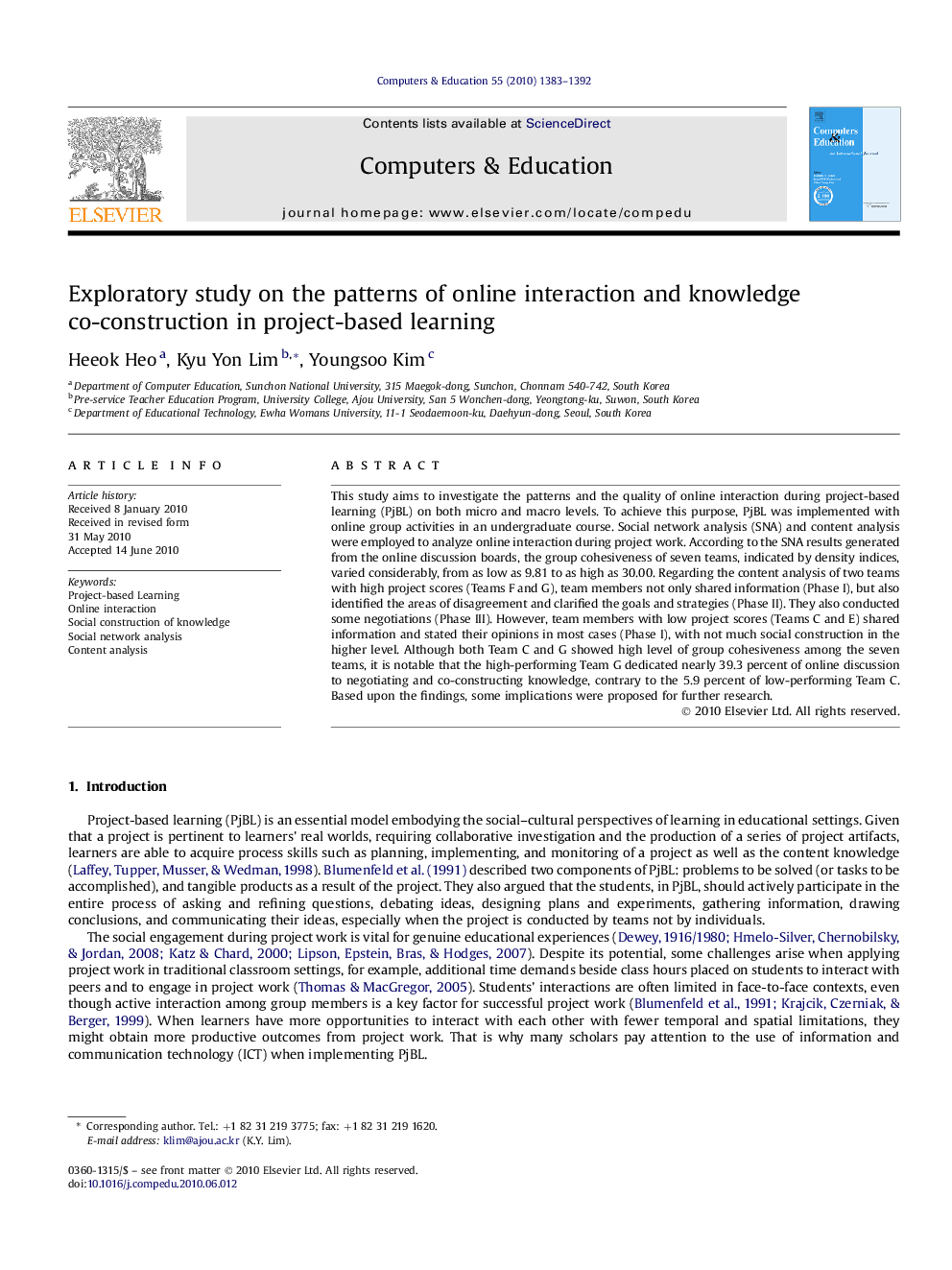 Exploratory study on the patterns of online interaction and knowledge co-construction in project-based learning