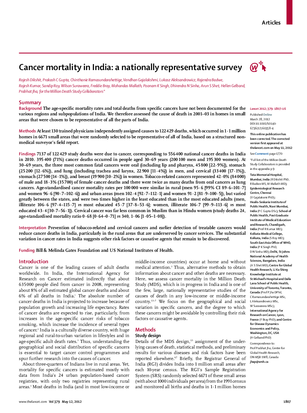 Cancer mortality in India: a nationally representative survey