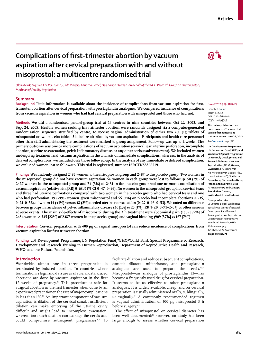 Complications of first-trimester abortion by vacuum aspiration after cervical preparation with and without misoprostol: a multicentre randomised trial