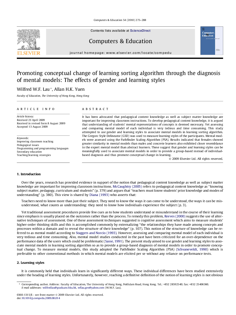 Promoting conceptual change of learning sorting algorithm through the diagnosis of mental models: The effects of gender and learning styles