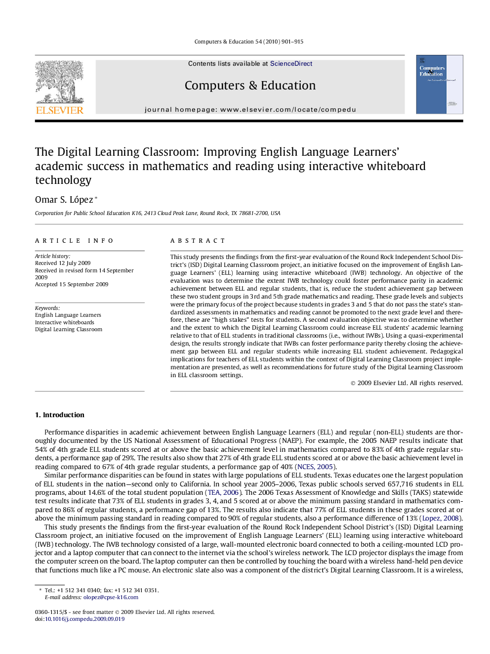 عکس صفحه اول مقاله: The Digital Learning Classroom: Improving English Language Learners’ academic success in mathematics and reading using interactive whiteboard technology The Digital Learning Classroom: Improving English Language Learners’ academic success in mathematics and reading using interactive whiteboard technology