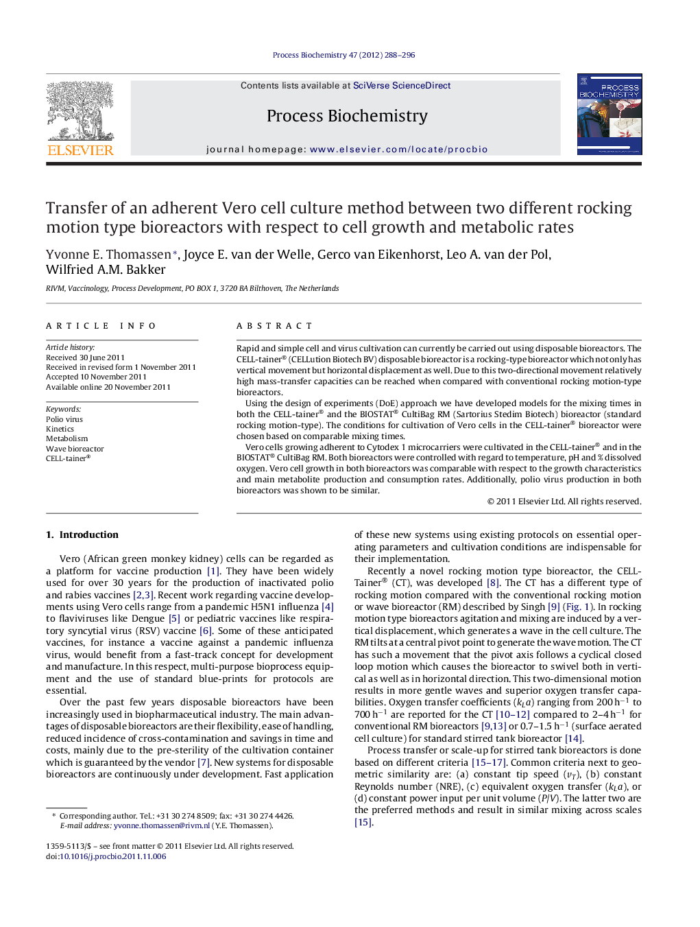 Transfer of an adherent Vero cell culture method between two different rocking motion type bioreactors with respect to cell growth and metabolic rates