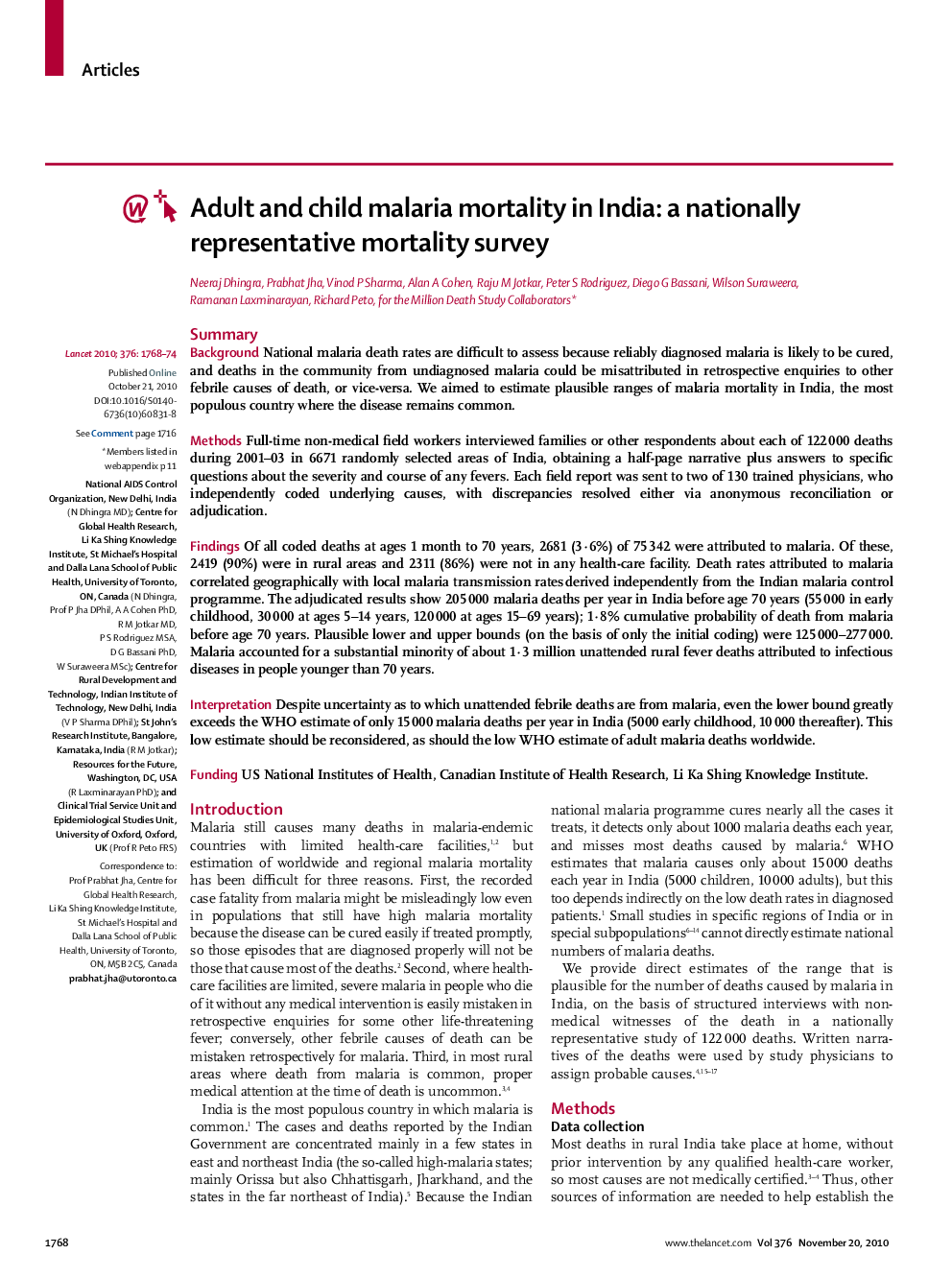 Adult and child malaria mortality in India: a nationally representative mortality survey