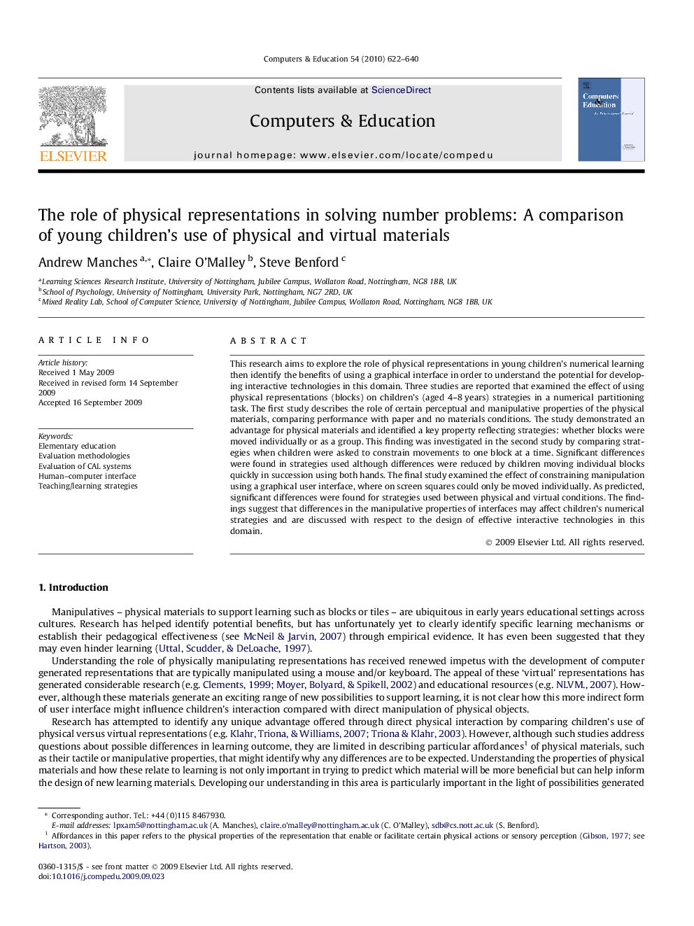 The role of physical representations in solving number problems: A comparison of young children’s use of physical and virtual materials