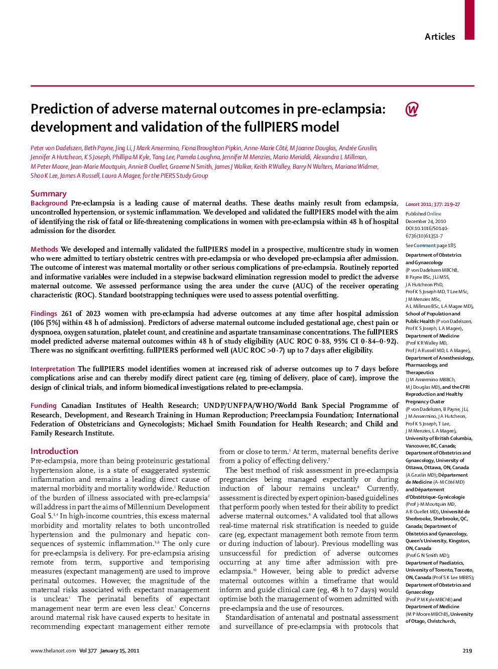 Prediction of adverse maternal outcomes in pre-eclampsia: development and validation of the fullPIERS model