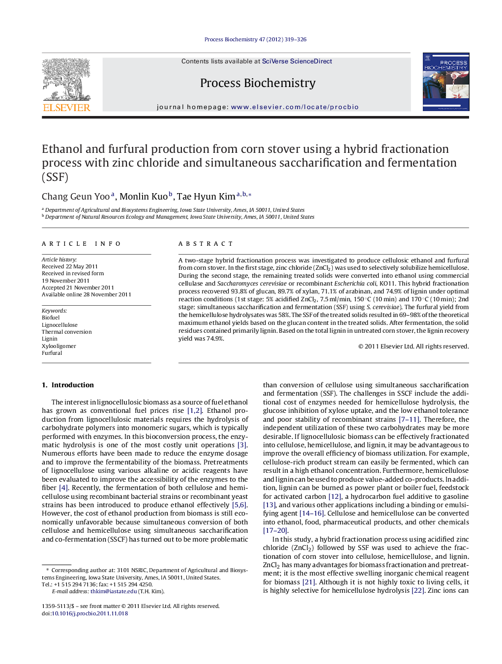 Ethanol and furfural production from corn stover using a hybrid fractionation process with zinc chloride and simultaneous saccharification and fermentation (SSF)