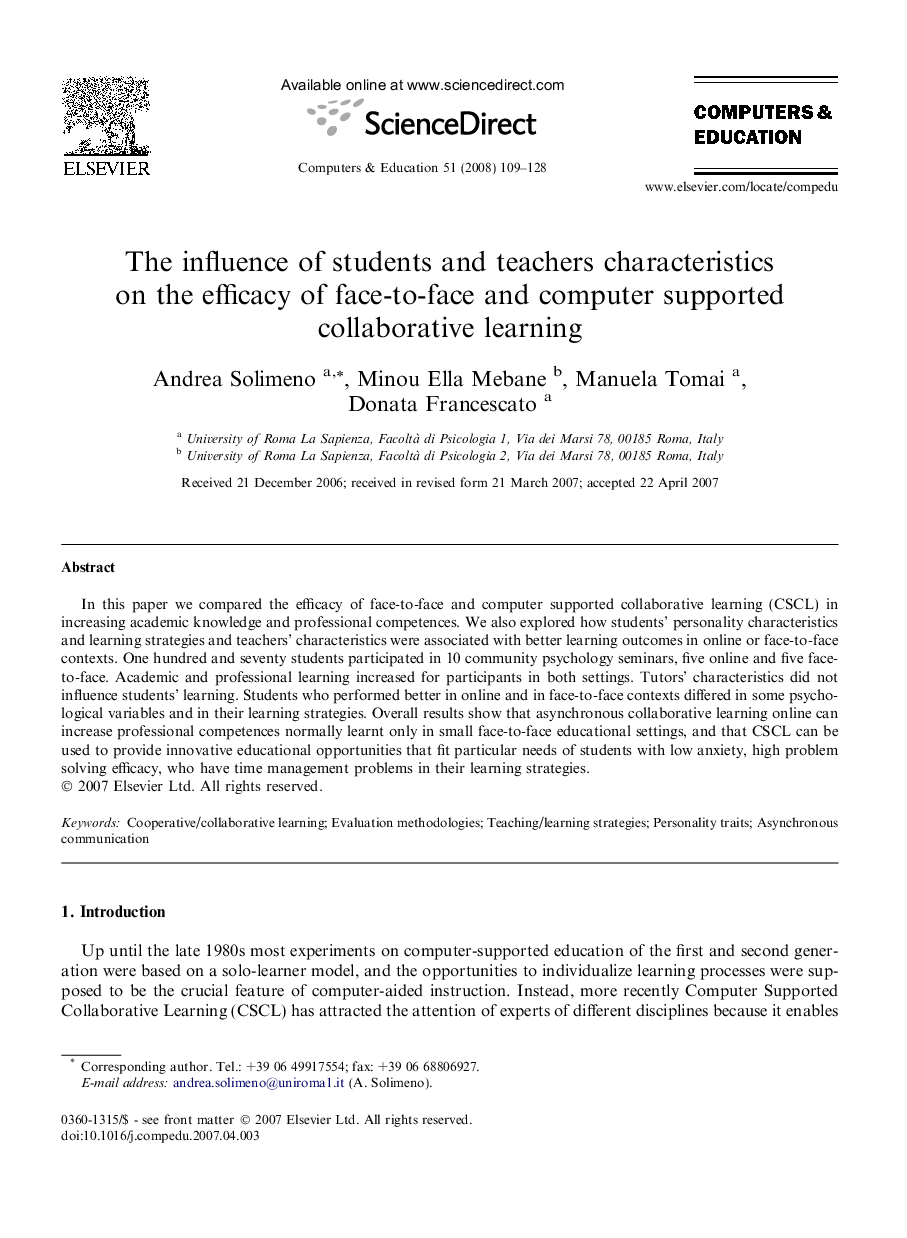 The influence of students and teachers characteristics on the efficacy of face-to-face and computer supported collaborative learning
