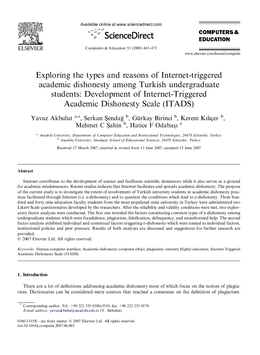 Exploring the types and reasons of Internet-triggered academic dishonesty among Turkish undergraduate students: Development of Internet-Triggered Academic Dishonesty Scale (ITADS)