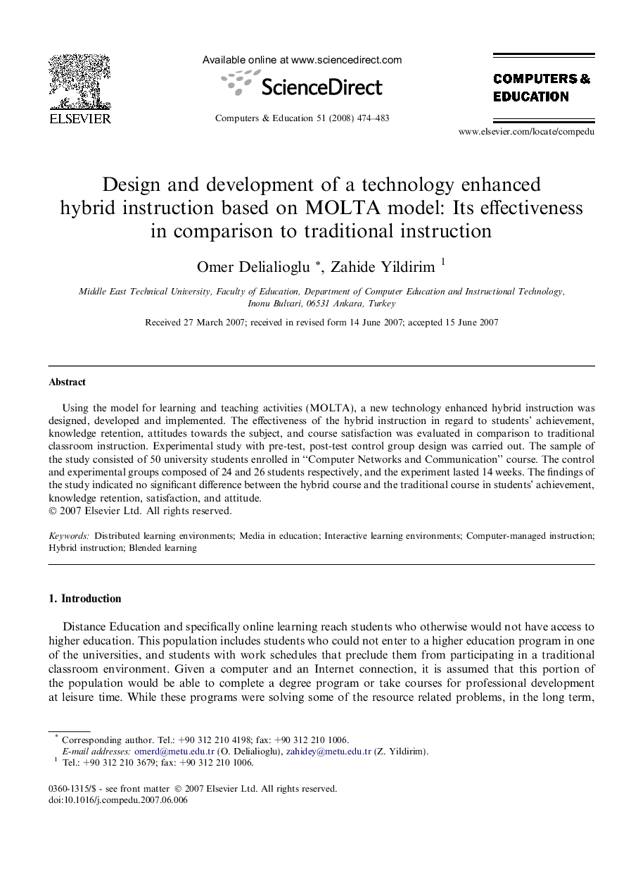 Design and development of a technology enhanced hybrid instruction based on MOLTA model: Its effectiveness in comparison to traditional instruction