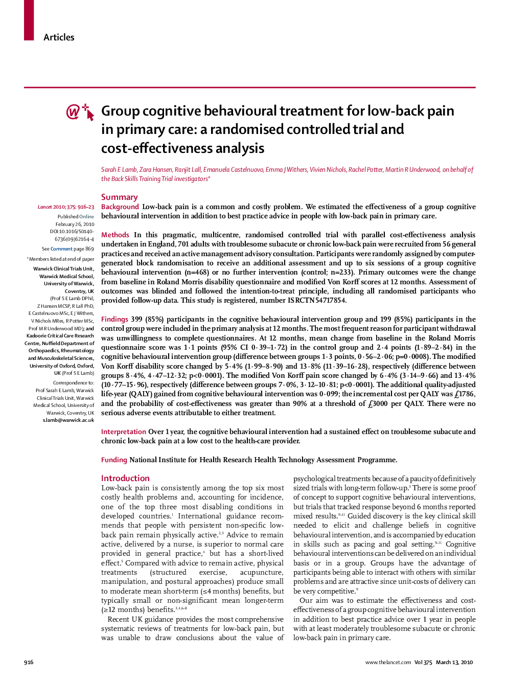 Group cognitive behavioural treatment for low-back pain in primary care: a randomised controlled trial and cost-effectiveness analysis